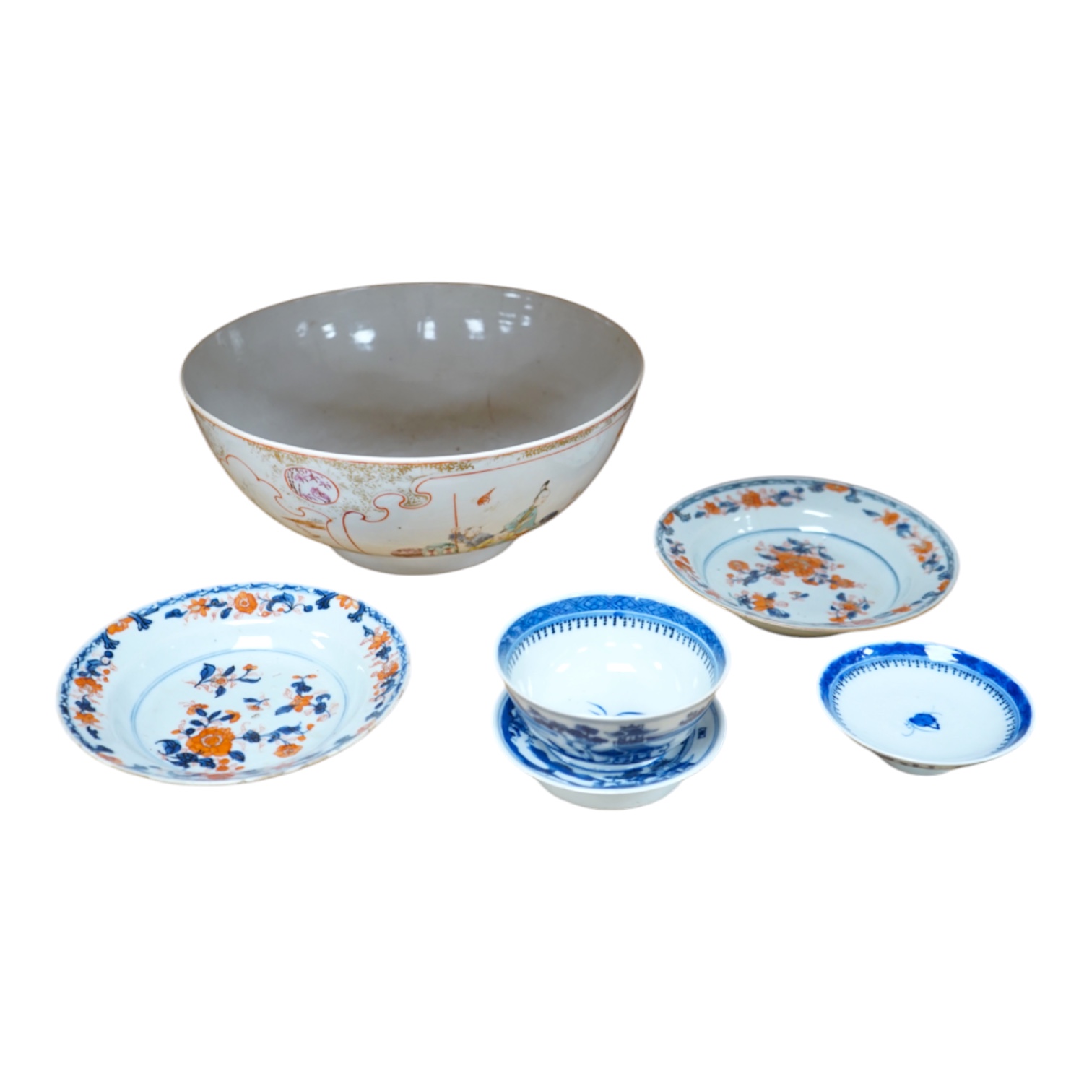 A group of 18th/19th century Chinese ceramics including a punch bowl, 26cm diameter, small dishes, etc. Condition - fair to good.